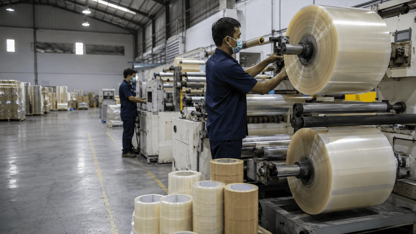Mesin produksi lakban Sobat Lakban di pabrik Tangerang